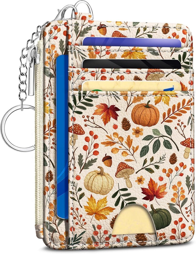 Kelvoris Fall Leaves Credit Card Holder Small Wallet Women, Pumpkin Slim RFID Blocking Wallets Woman Keychain with Zipper Coin Pocket, Front Pocket Thin Travel Card Case with ID Window Ladies Gifts Autumn - Image 1